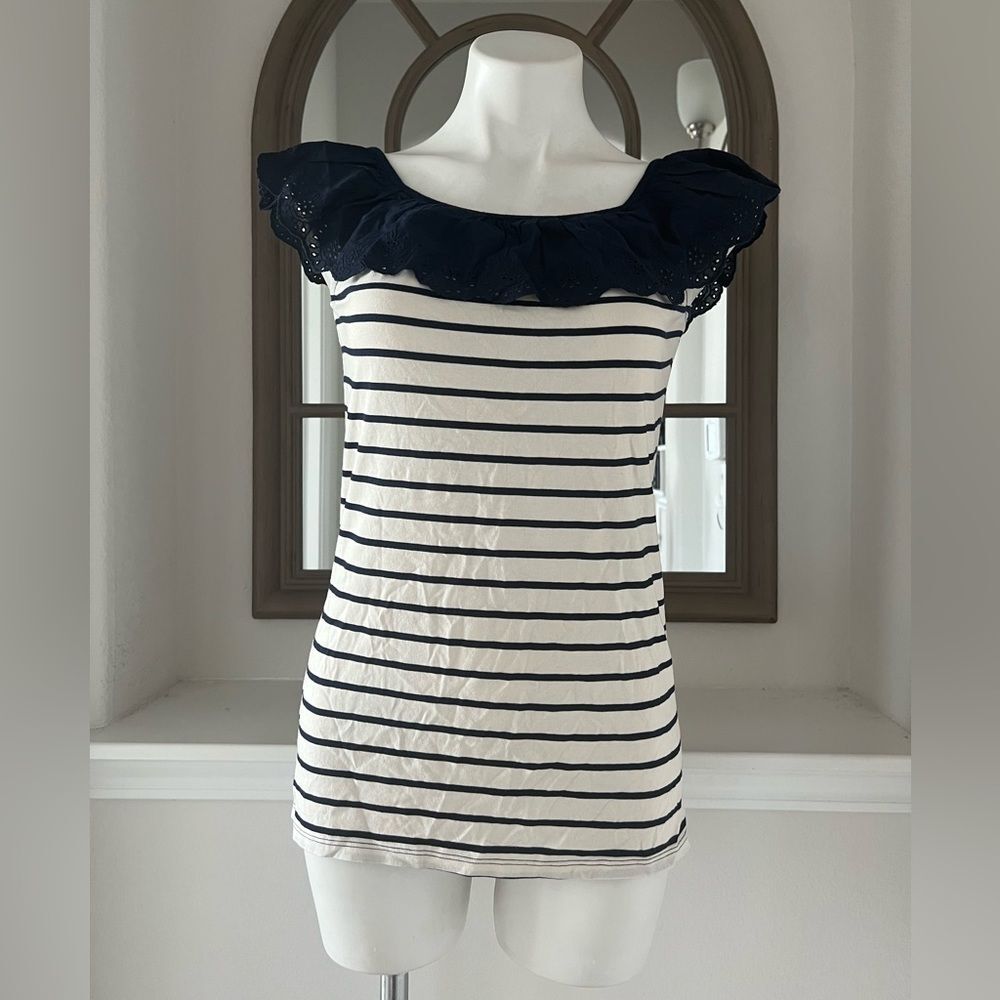 Lauren Ralph Lauren Striped Eyelet Ruffle Top, Cap Sleeve Round Neck Size XL NWT - Picture 11 of 14